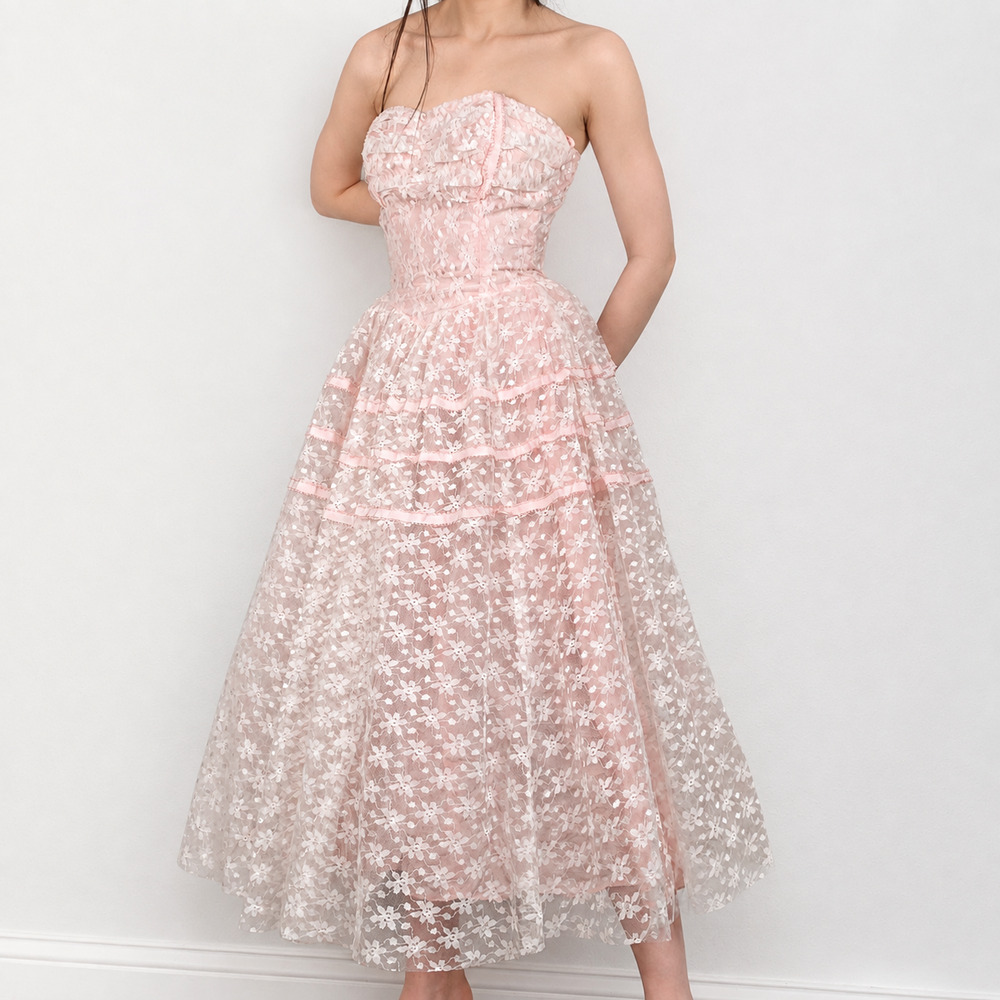 VINT 50s Pink Lace Strapless Party Dress Full Skirt Tea Length Formal Coquette